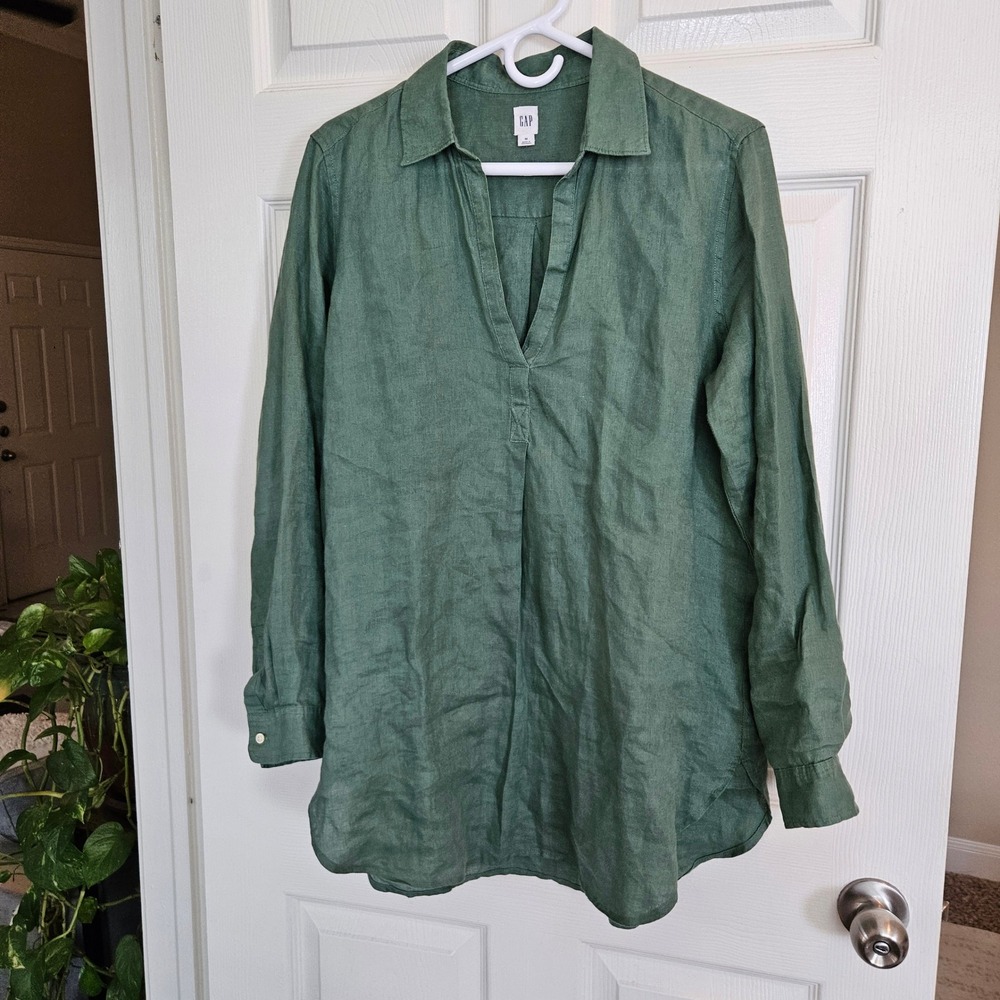 Gap Women Olive Green 100% Linen V-Neck Tunic Long Sleeve Shirt Medium Lagenlook